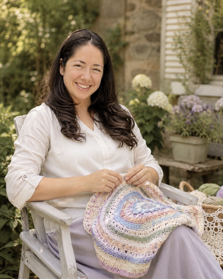 Brooke Kelly smiling outdoors while working on a crocheted blanket.