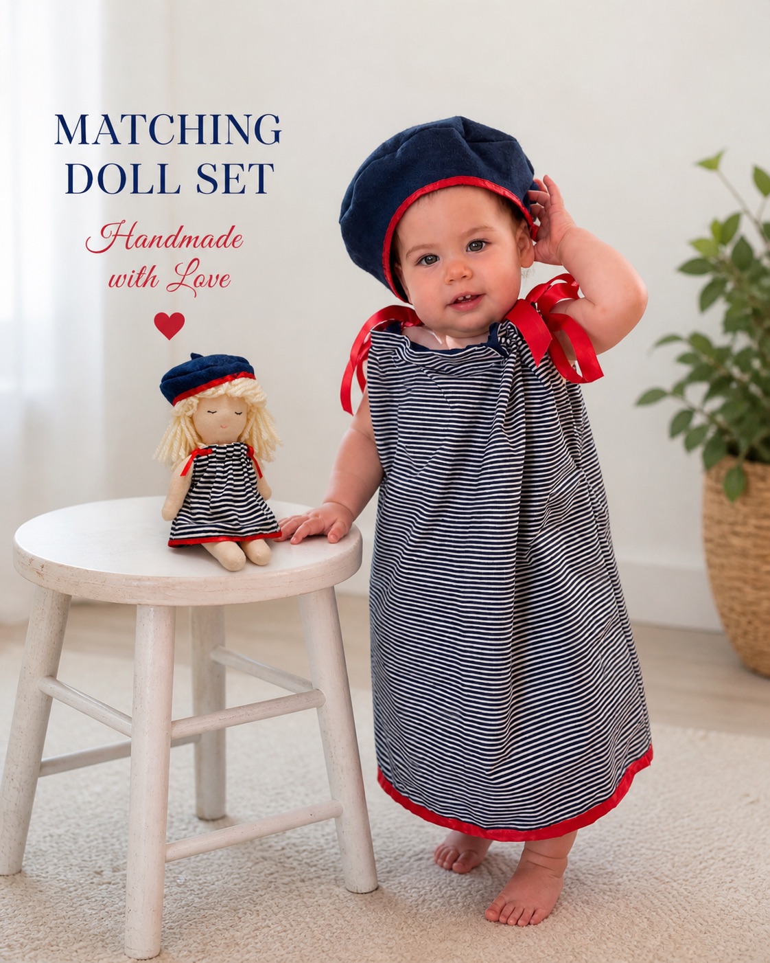 Child wearing a handmade dress beside a doll in a matching outfit.