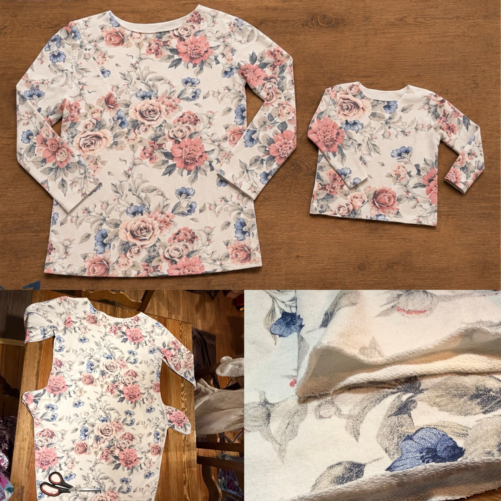 Coordinating handmade floral shirts with sewing detail views.