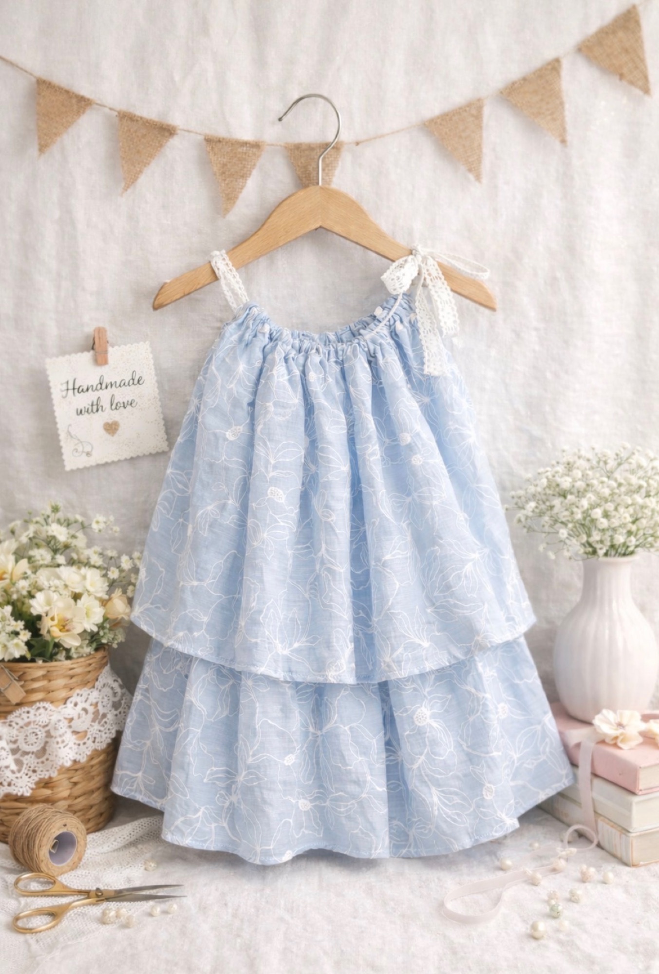 Handmade blue floral tiered dress with lace shoulder ties.