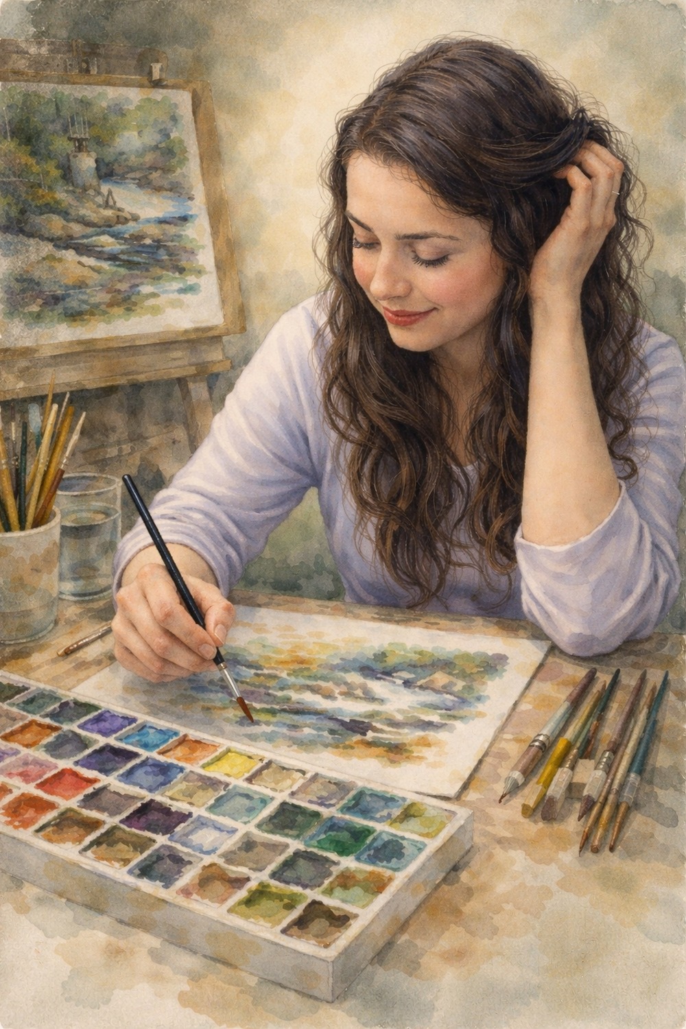 Watercolor illustration of an artist painting at a table surrounded by brushes and paints.