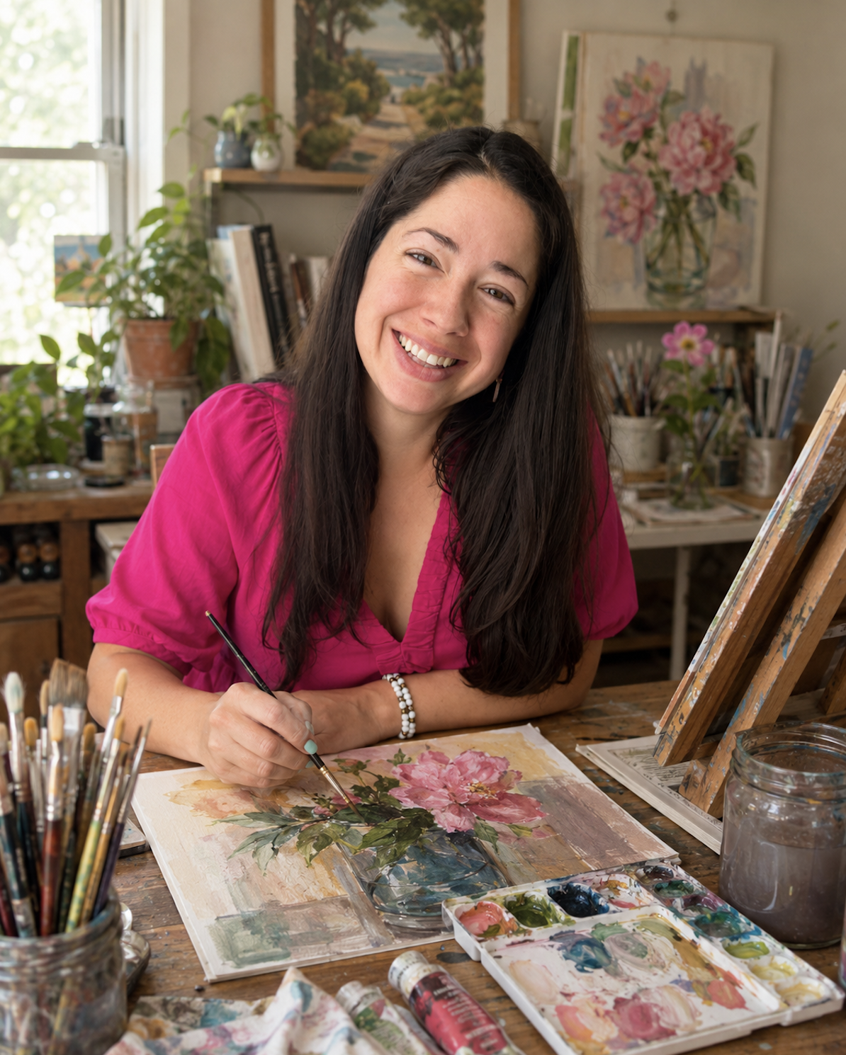 Brooke Kelly smiling in her art studio while painting flowers.