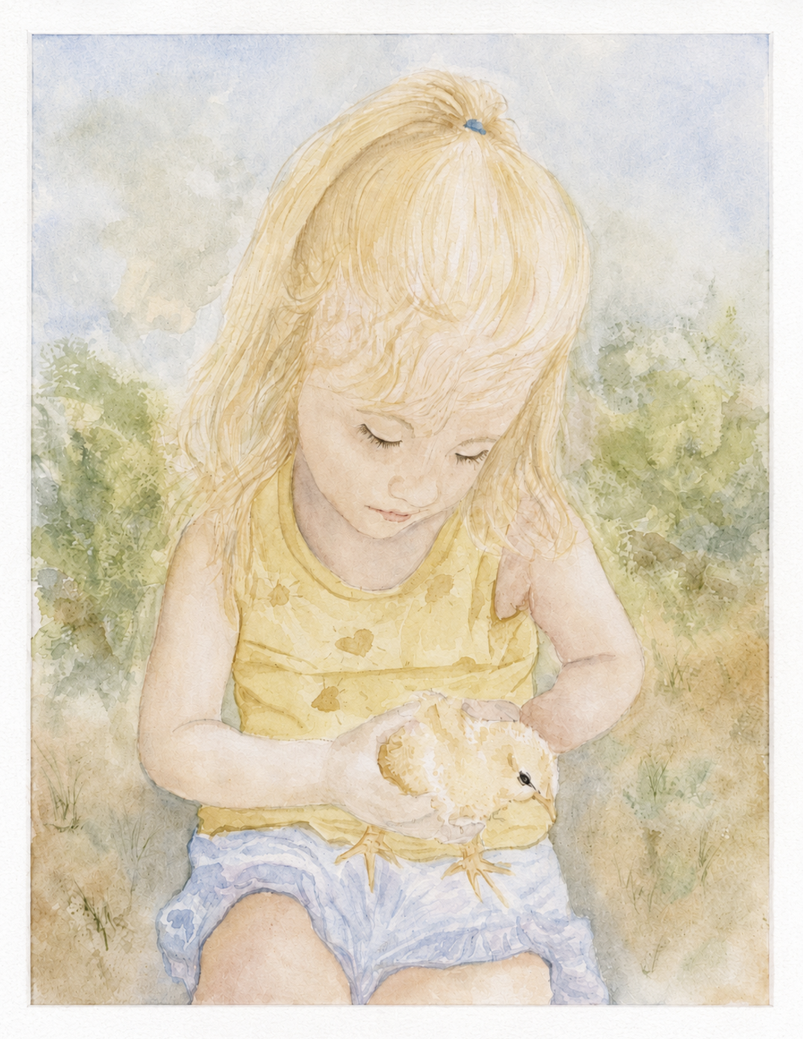 Watercolor painting of a young blonde child in a yellow shirt holding a chick outside.