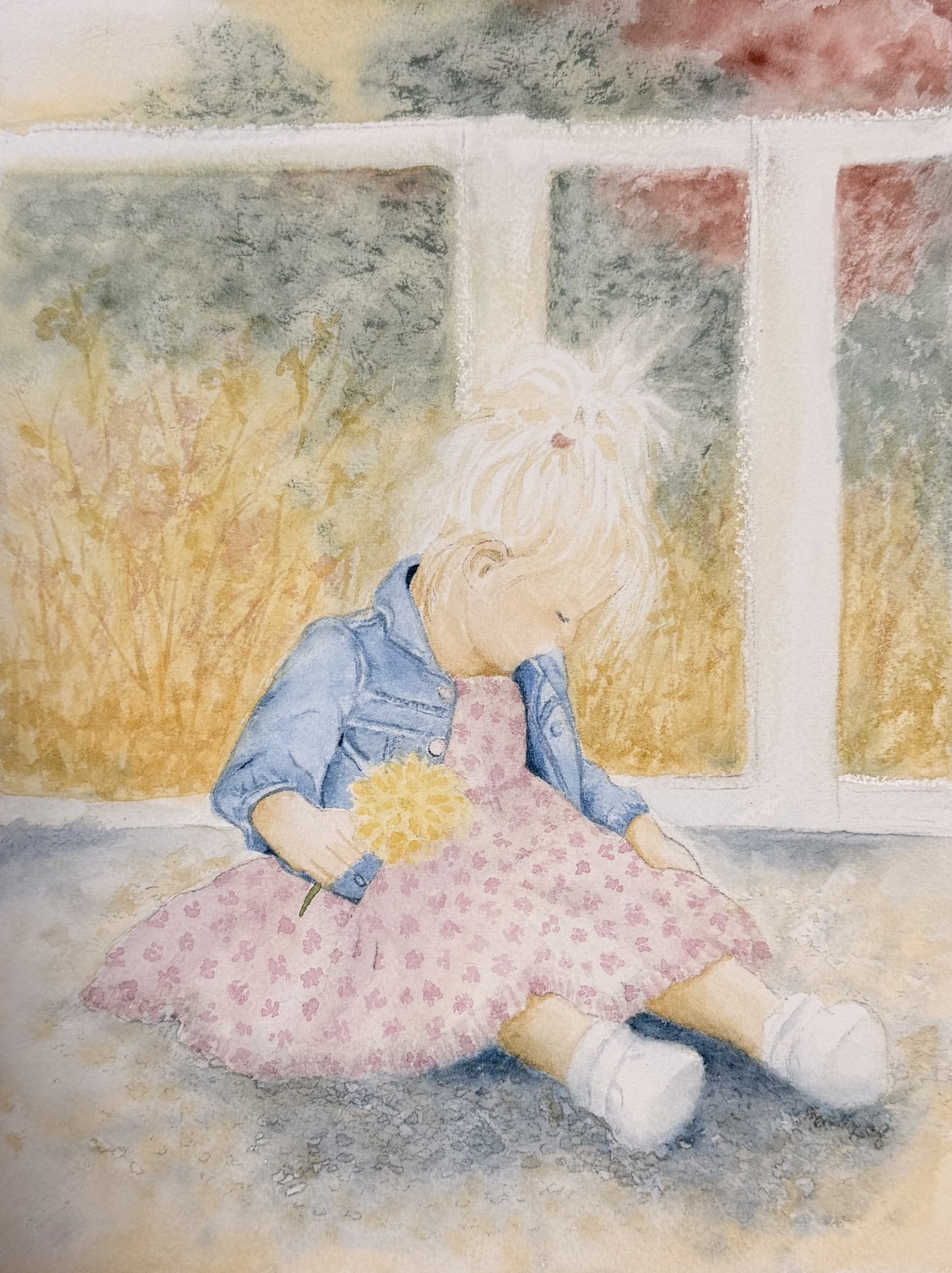 Watercolor painting of a young child in a pink dress sitting by a window.