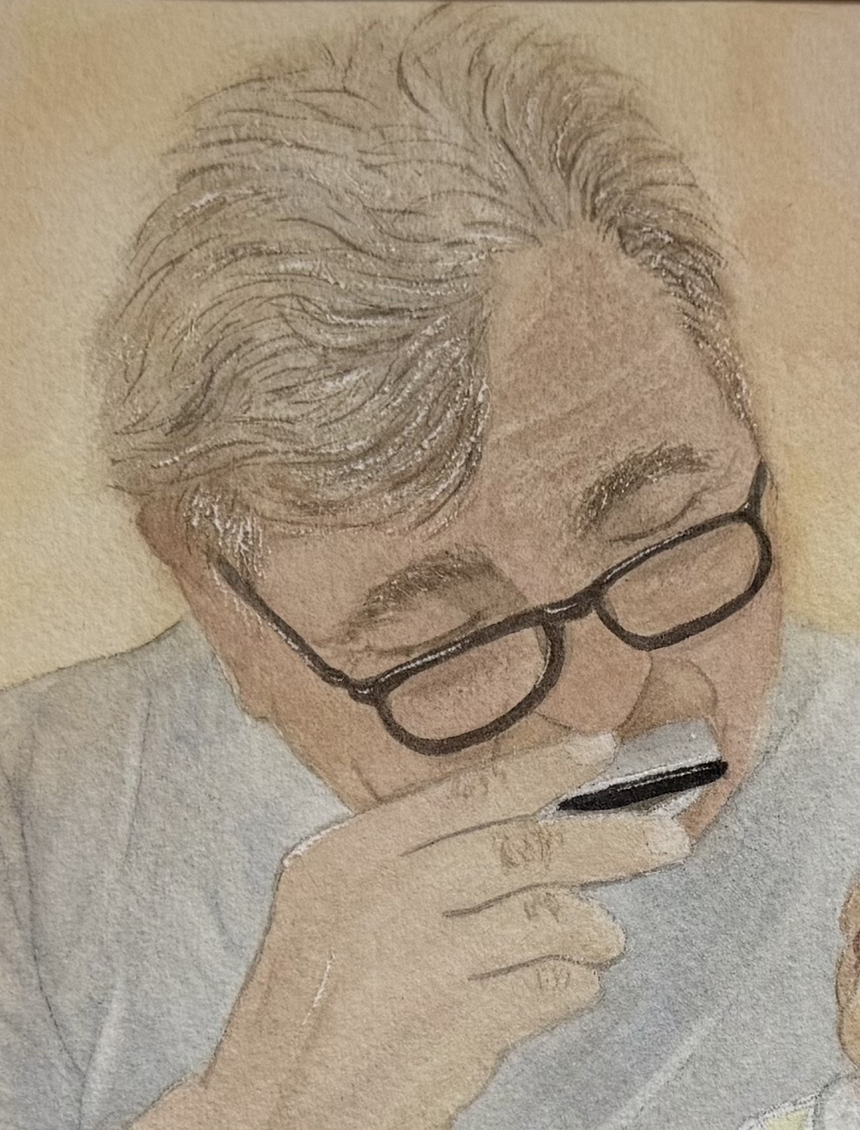 Watercolor portrait of an older man wearing glasses and holding a cup.