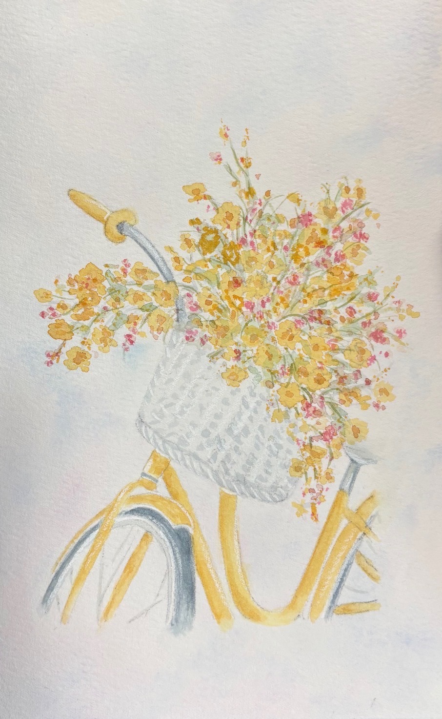 Watercolor painting of a yellow bicycle with flowers in the basket.