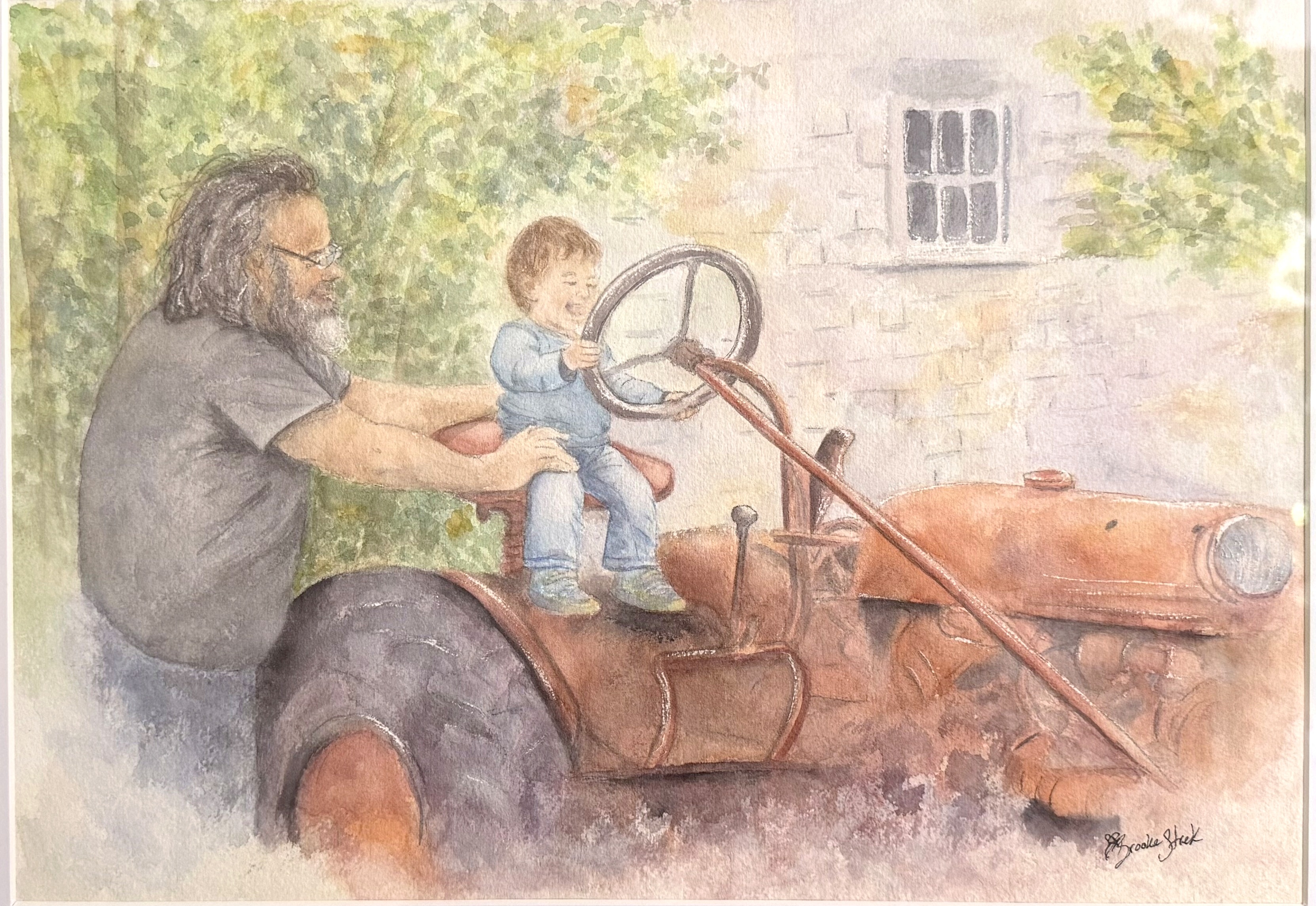 Painting of a grandfather and child riding a red tractor.