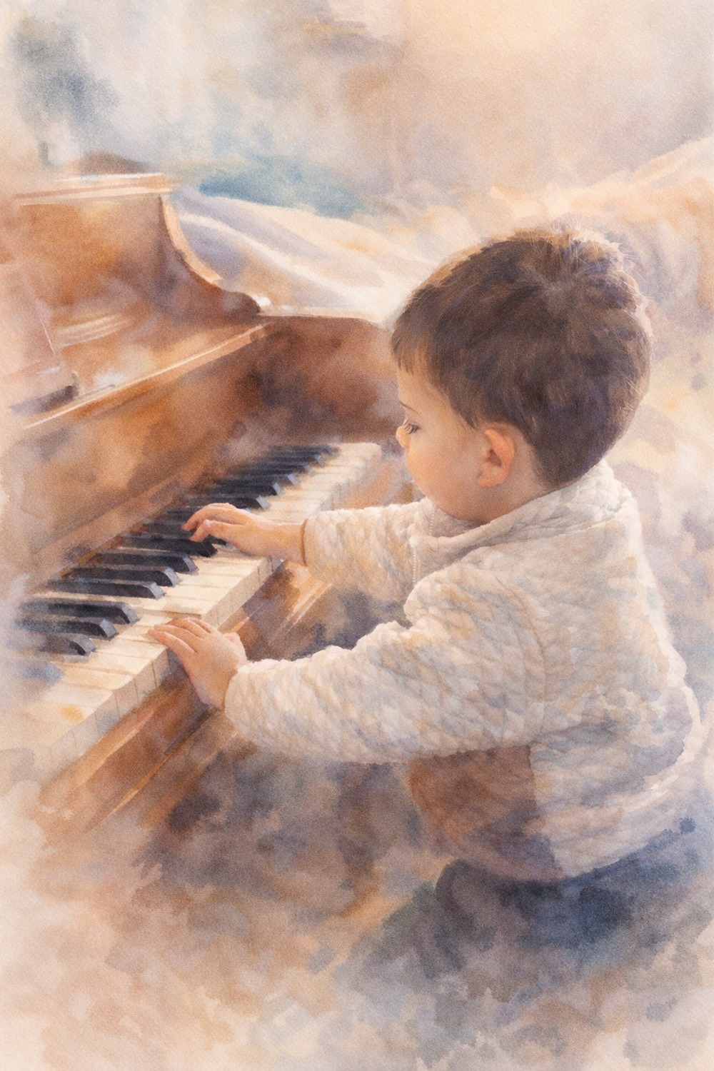 Painterly illustration of a child playing piano in warm light.
