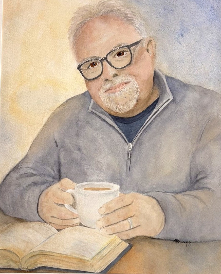 Watercolor portrait of an older man seated with a cup and an open book.