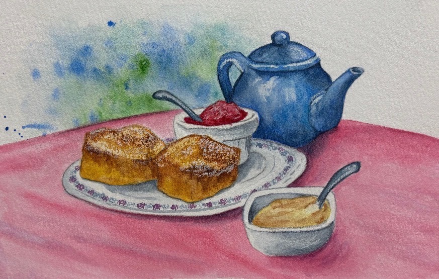 Watercolor still life with a blue teapot, tea cakes, jam, and cream.