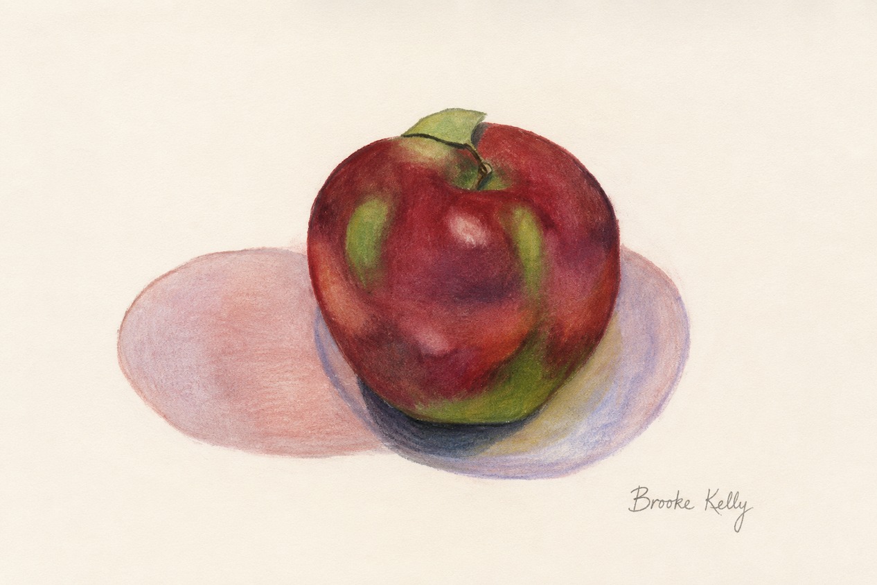 Watercolor painting of a red apple with colorful shadows.