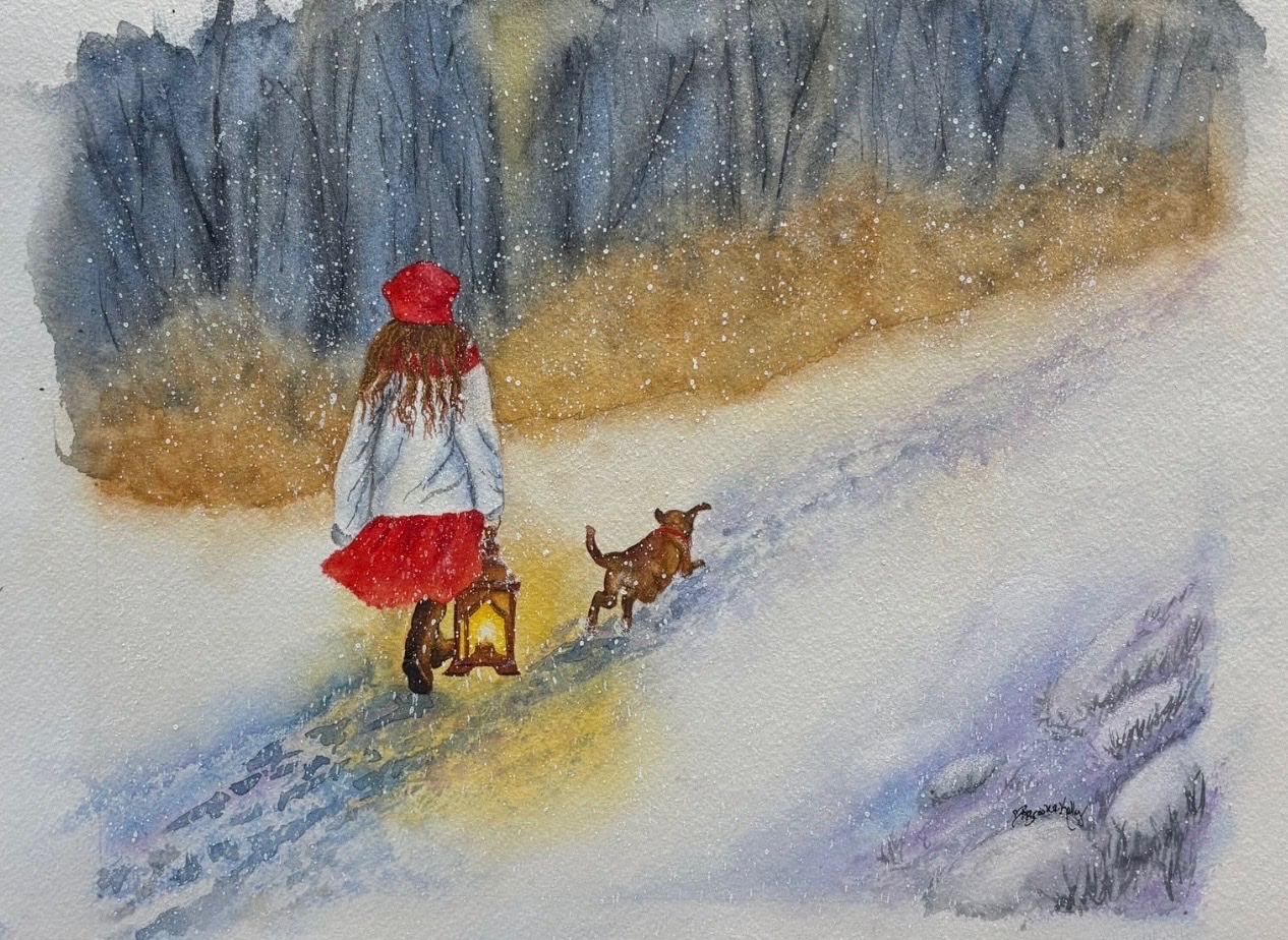 Watercolor painting of a child in red walking through snow with a small dog and glowing lantern.