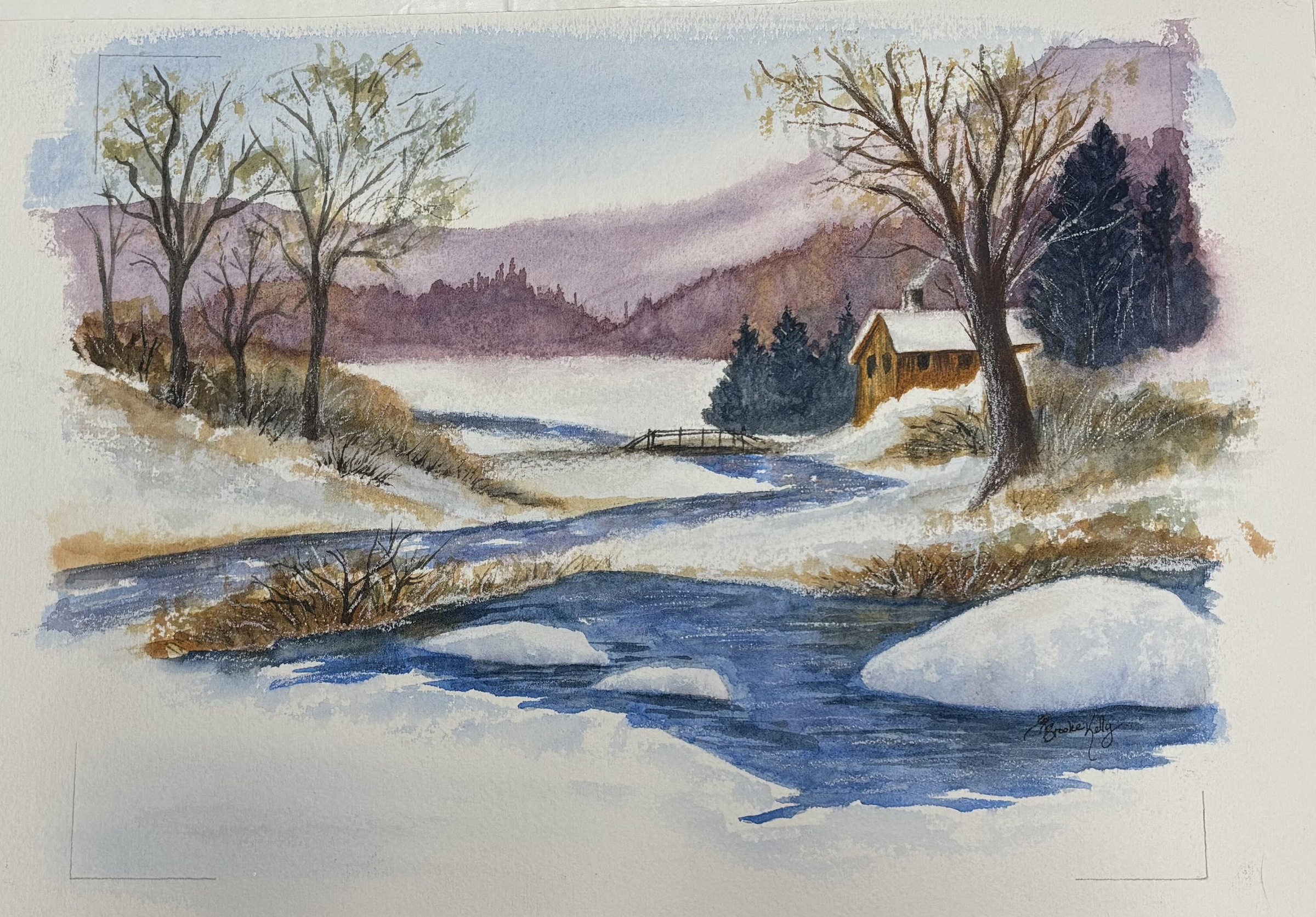 Watercolor winter landscape with a stream, trees, and a small house.