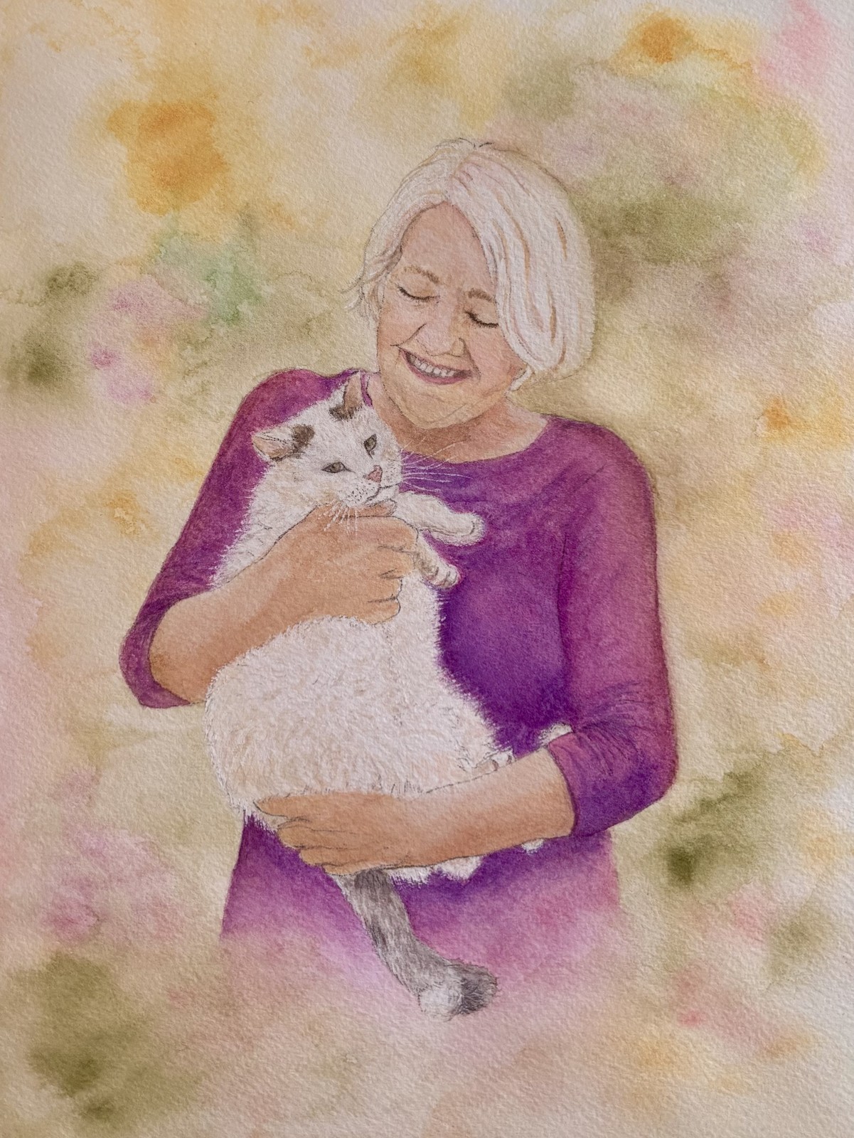 Watercolor portrait of a woman holding a small white dog against a soft floral background.