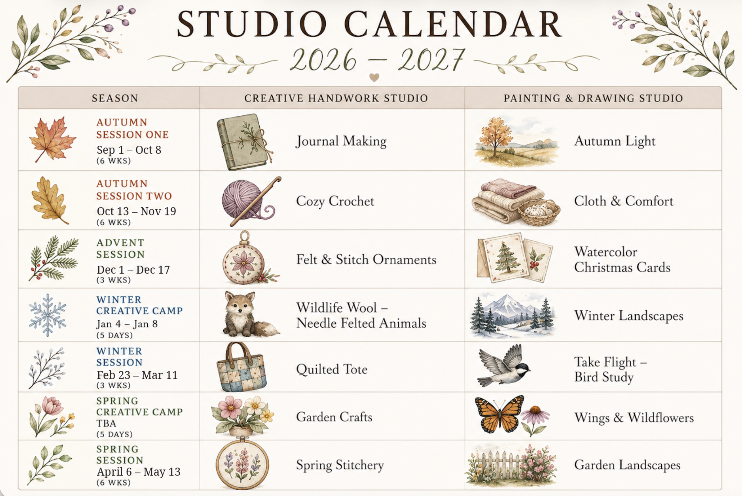 Studio calendar for 2026 to 2027 showing seasonal Creative Handwork Studio and Painting and Drawing Studio themes.