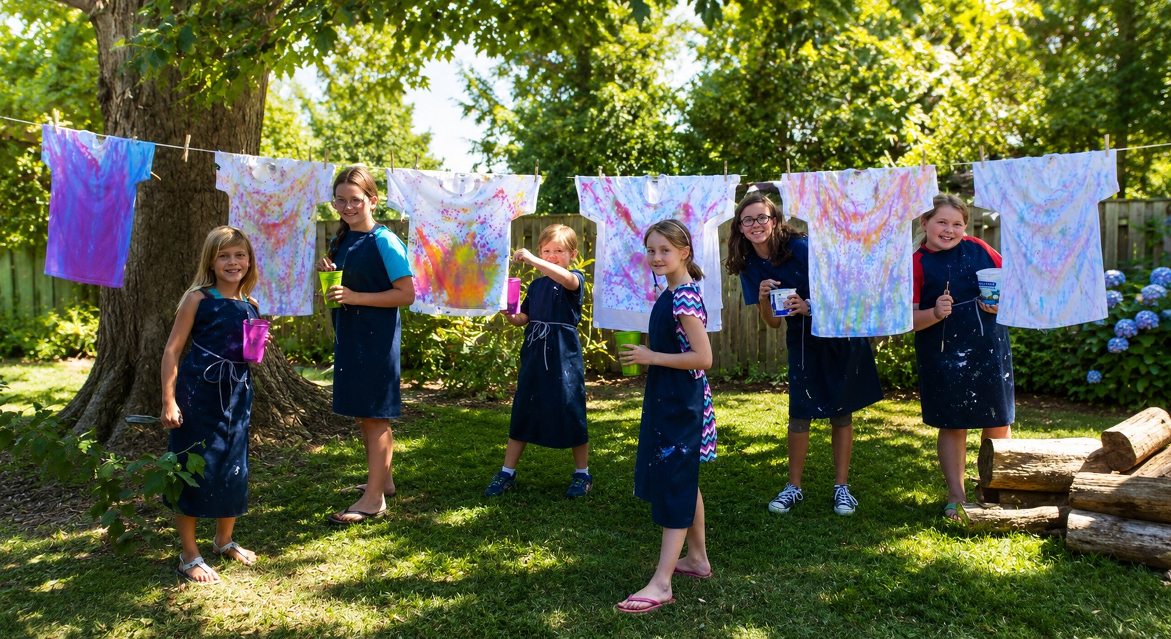 Children in aprons smiling outdoors with colorful painted shirts hanging on a clothesline.